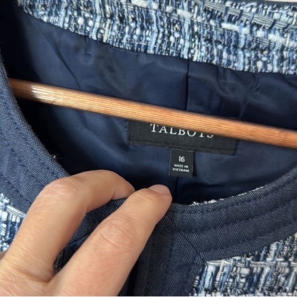 Talbots Tweed Crew Chambray trim Blazer Jacket Sz 16/XL Navy Blue White Fringe - Picture 9 of 16